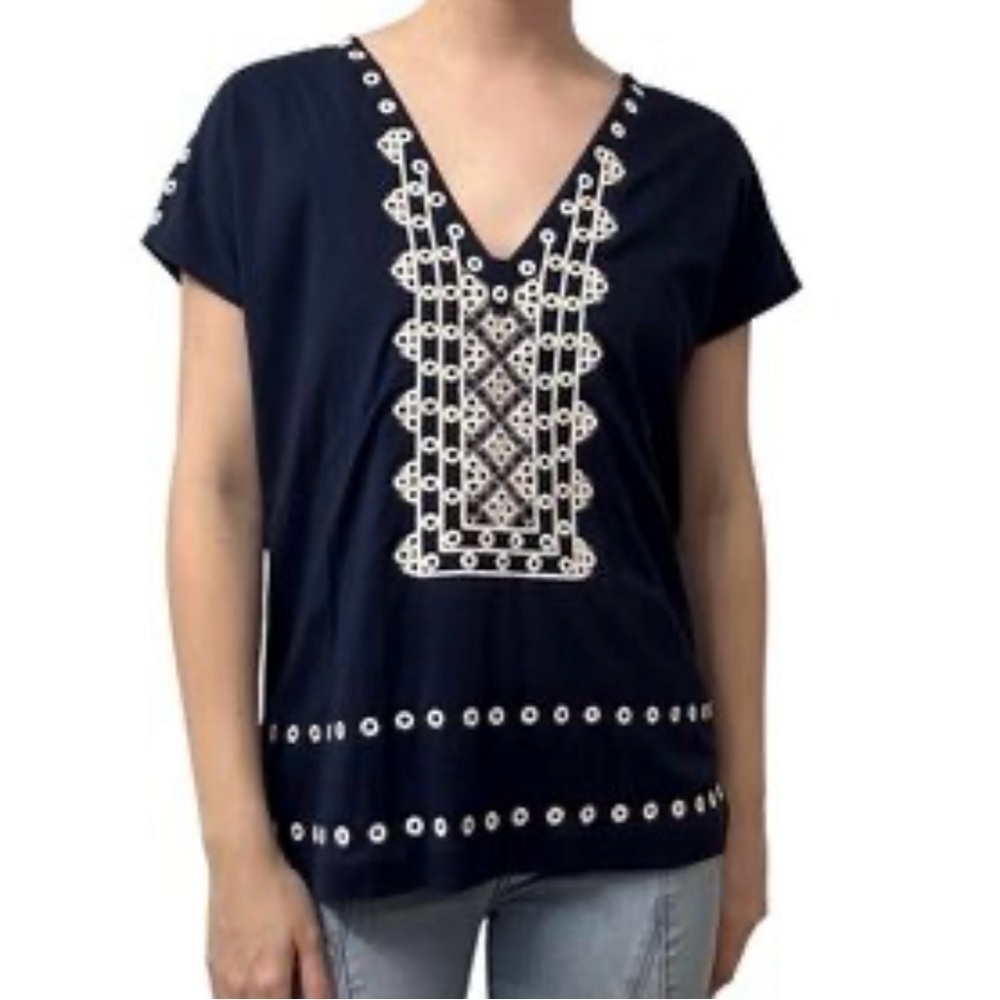 J. Crew Eyelet Cotton Blouse V neck Cap sleeves Navy white Size S Oversized NWOT
